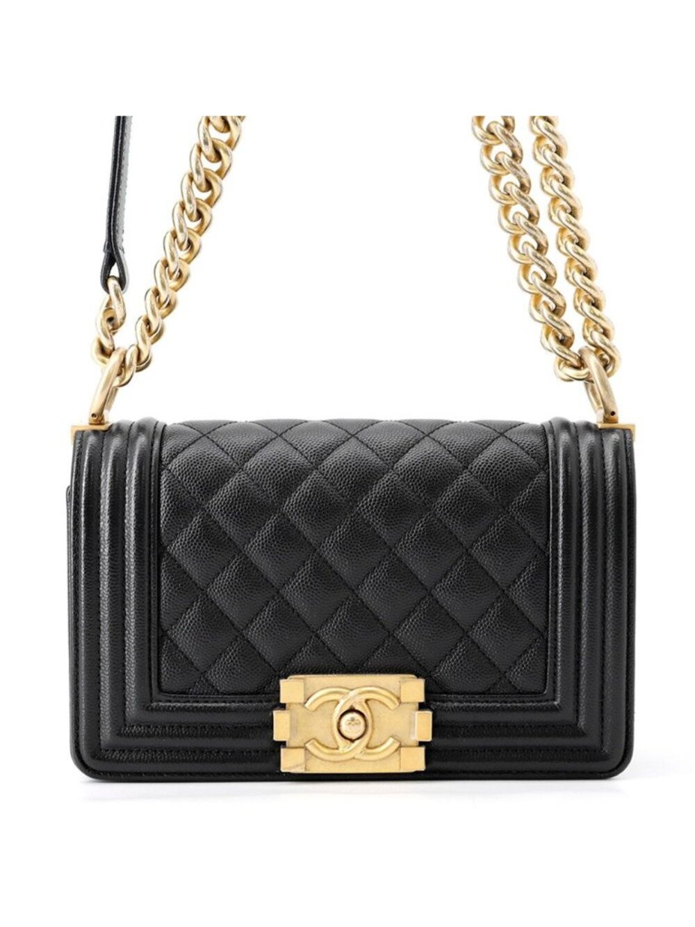 Chanel Chain Shoulder Bag Boy Small Quilted CC Logo Caviar Leather Black